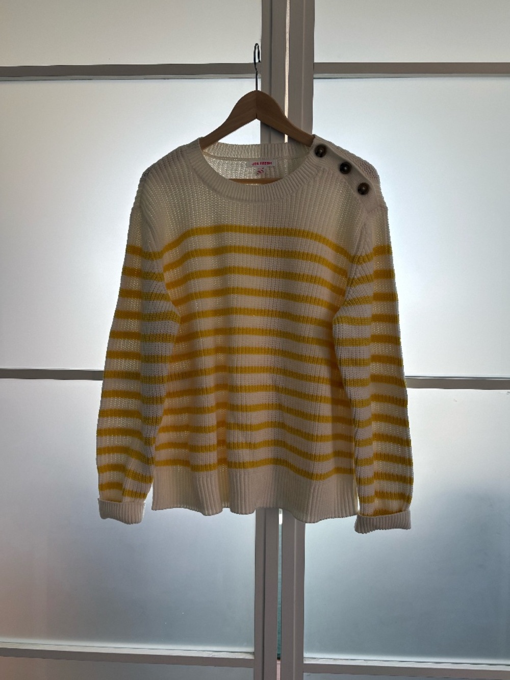 oJe Fresh Breton Stripe Sweater Ivory Yellow Shoulder Buttons XL